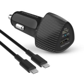 Chargeur de voiture SpeedBoost avec adaptateur d’allume-cigare rapide de 25 W USB-C PD et 12 W USB de HyperGear avec alimentation programmable câble USB-C de 4 pi (Noir)